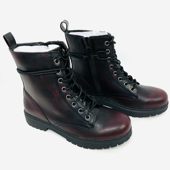 SO Women Burgundy Combat Boots Faux Leather Laced Up - Picture 5 of 10